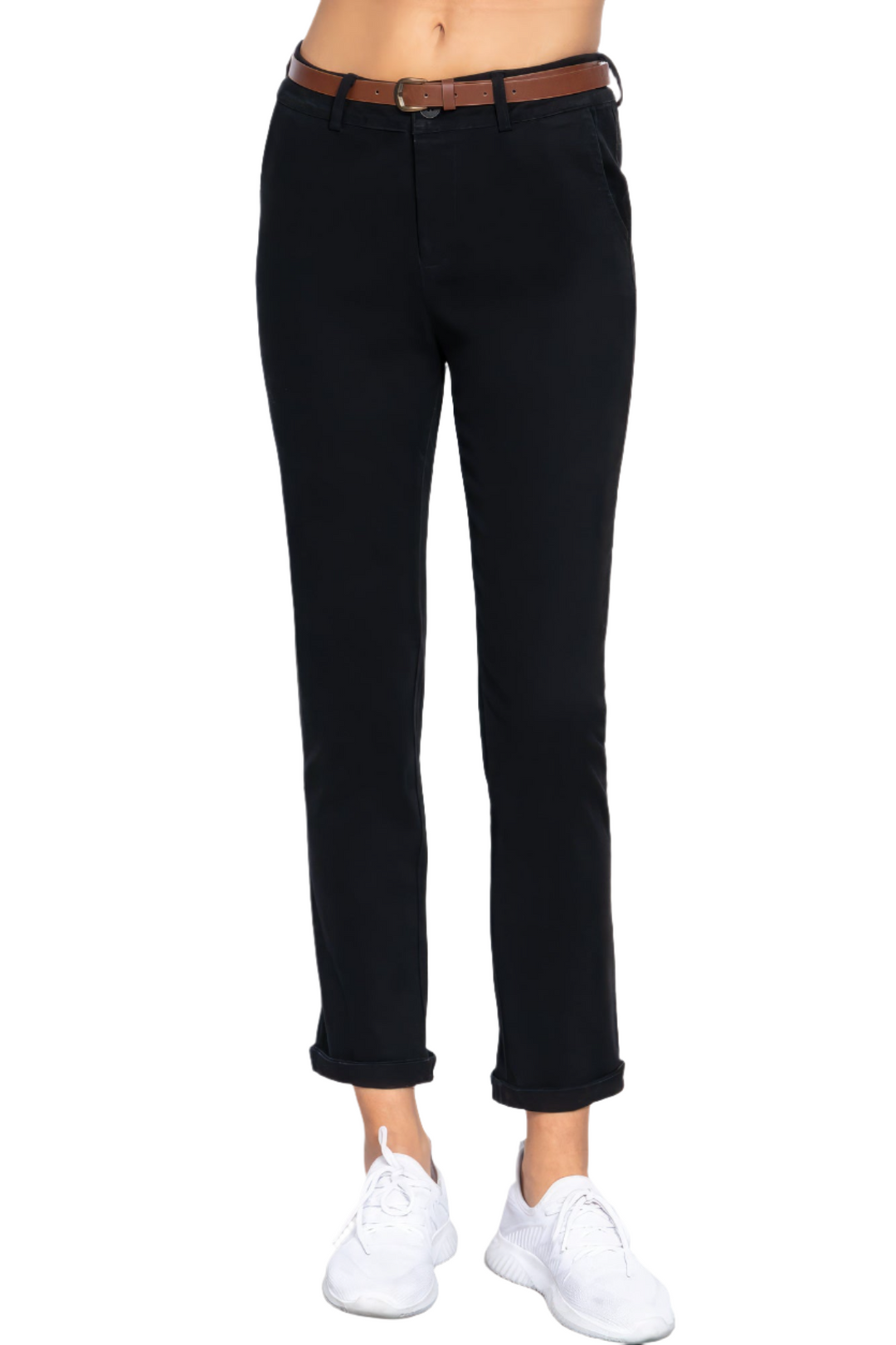 Cotton-Span Twill Belted Long Pants with Tailored Fit & Complementary Belt