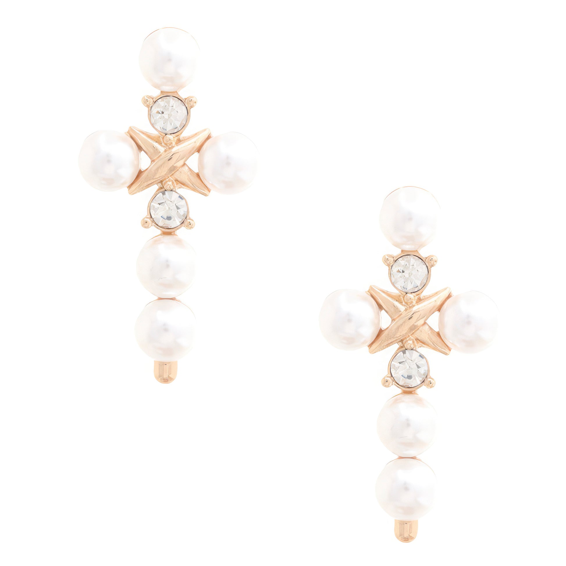 Pearl Bead Cross Dangle Earrings in Radiant Gold Finishing