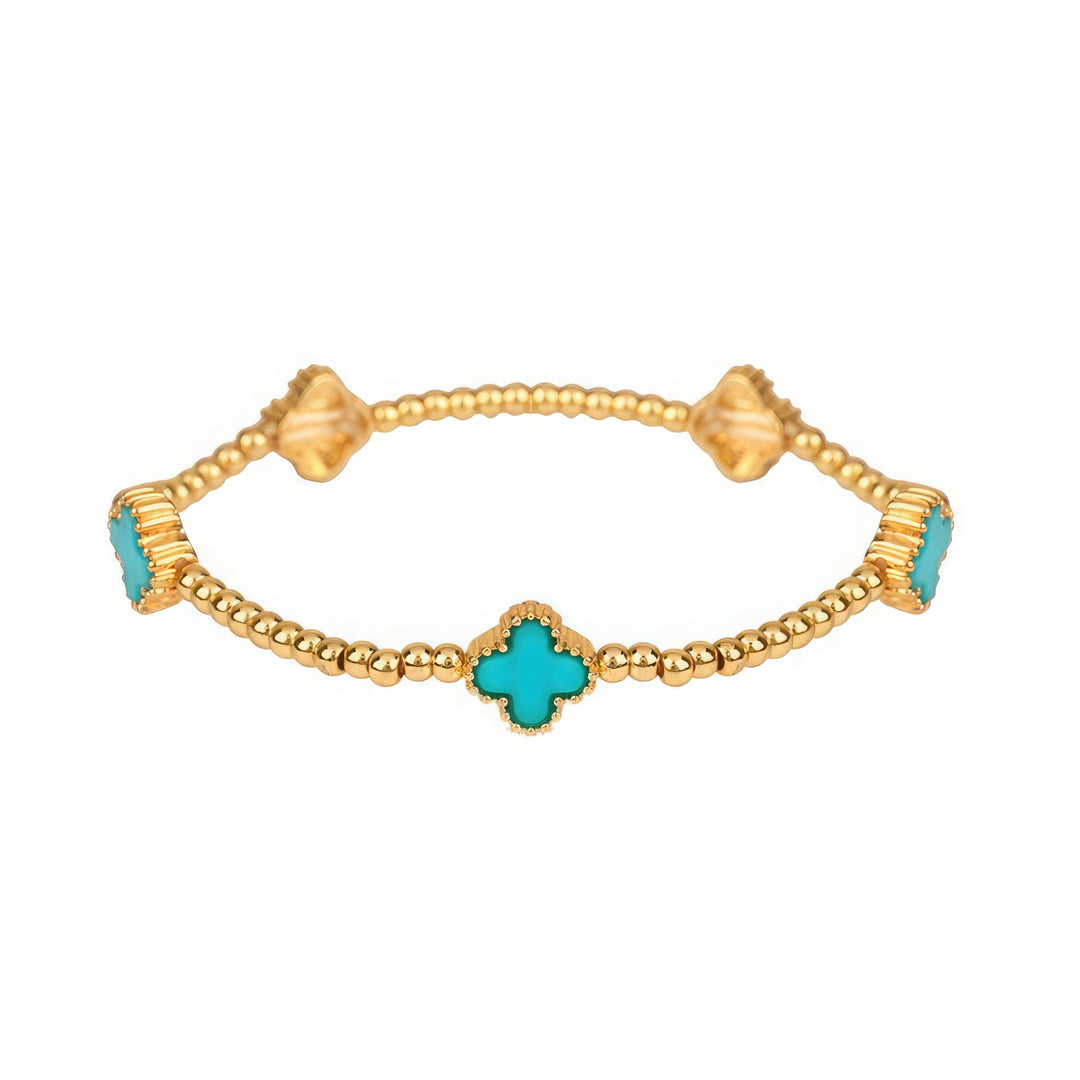 Metal Flower Station Stretch Bracelet - 6 Color Choices - turquoise and gold 