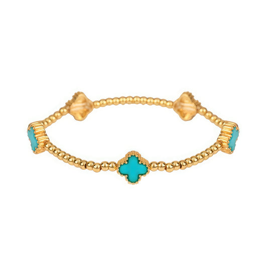 Metal Flower Station Stretch Bracelet - 6 Color Choices - turquoise and gold 
