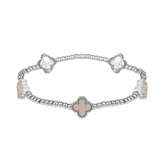 Metal Flower Station Stretch Bracelet - 6 Color Choices - pink and silver