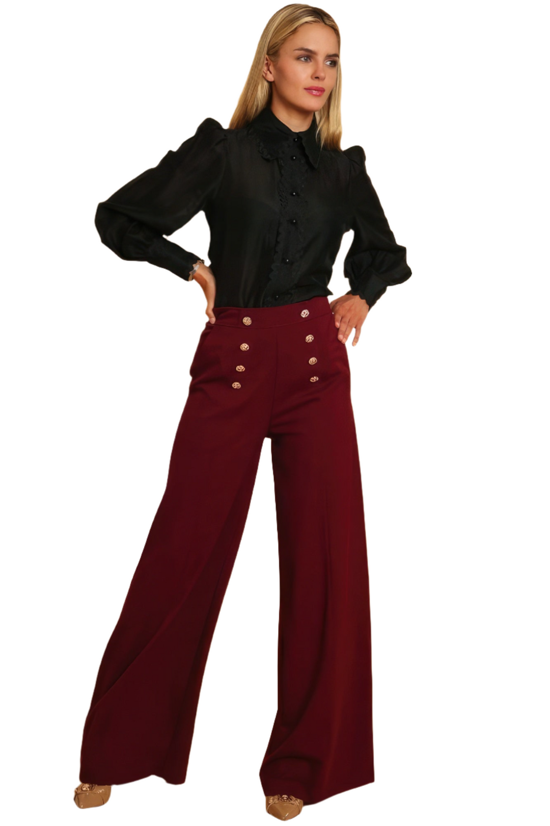 High Waist Dressy Pants in Pomegranate with Wide-Leg Silhouette