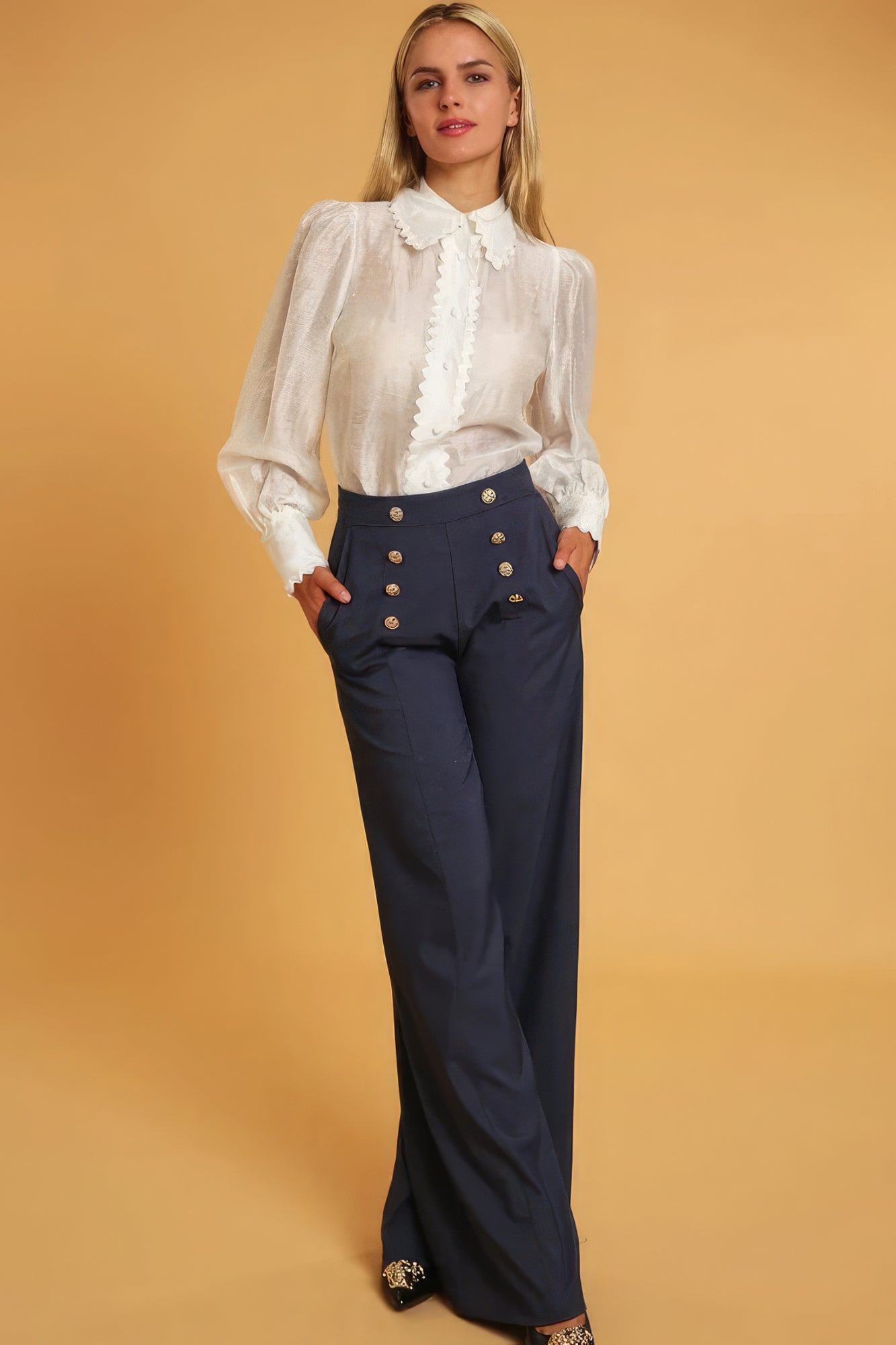 High Waist Denim Dressy Pants: Wide-Leg Style & Button Detail - Sizes S to L.