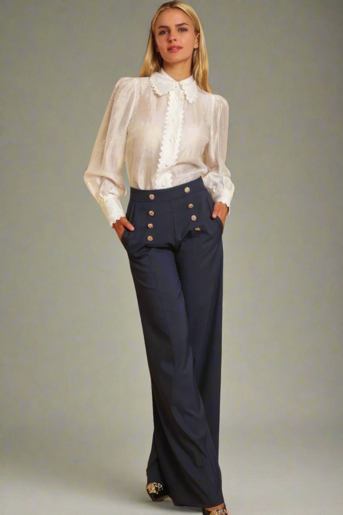High Waist Denim Dressy Pants: Wide-Leg Style & Button Detail - Sizes S to L.