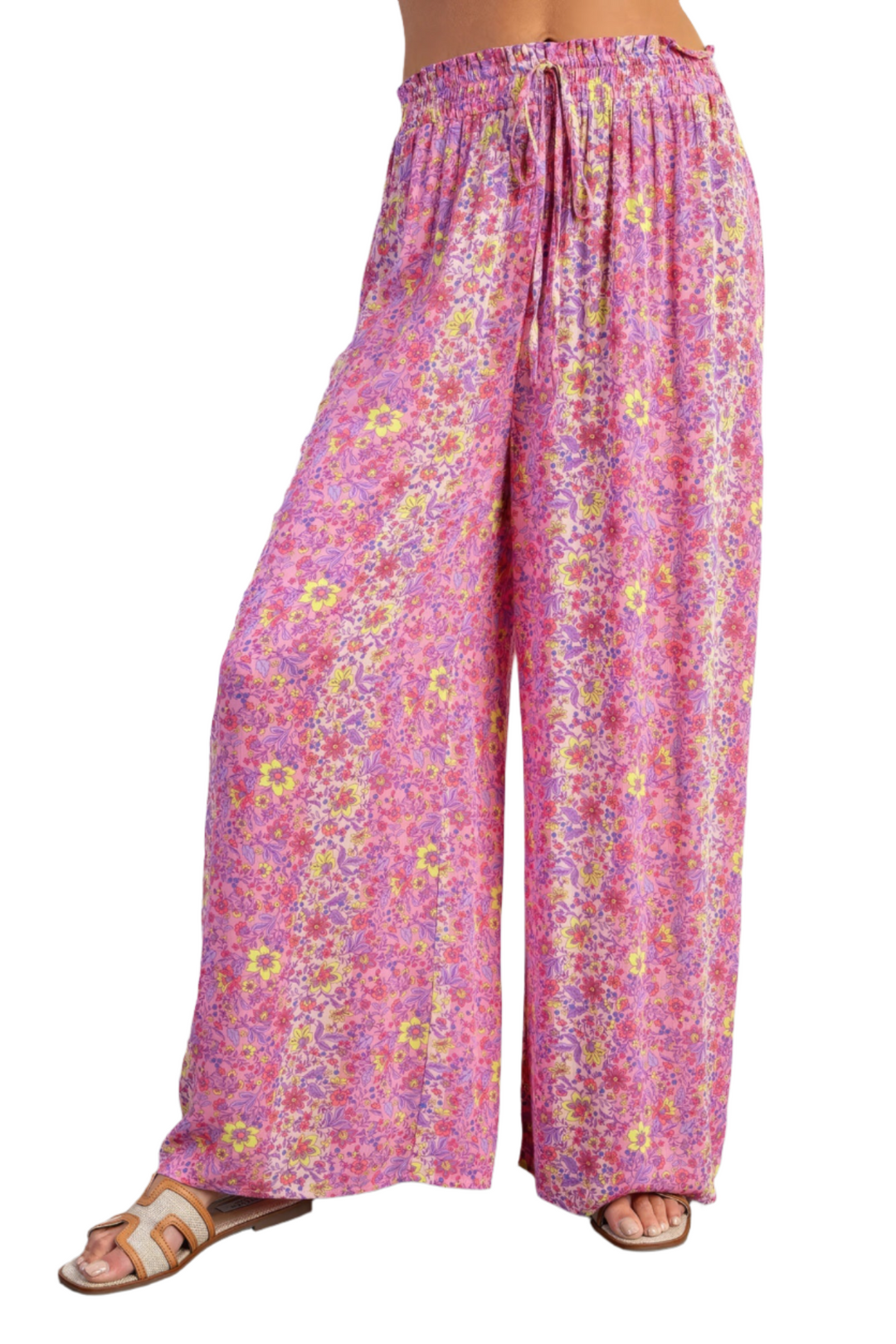 Floral Print Gauze Palazzo Pants with Smocked Waist and Adjustable Tie