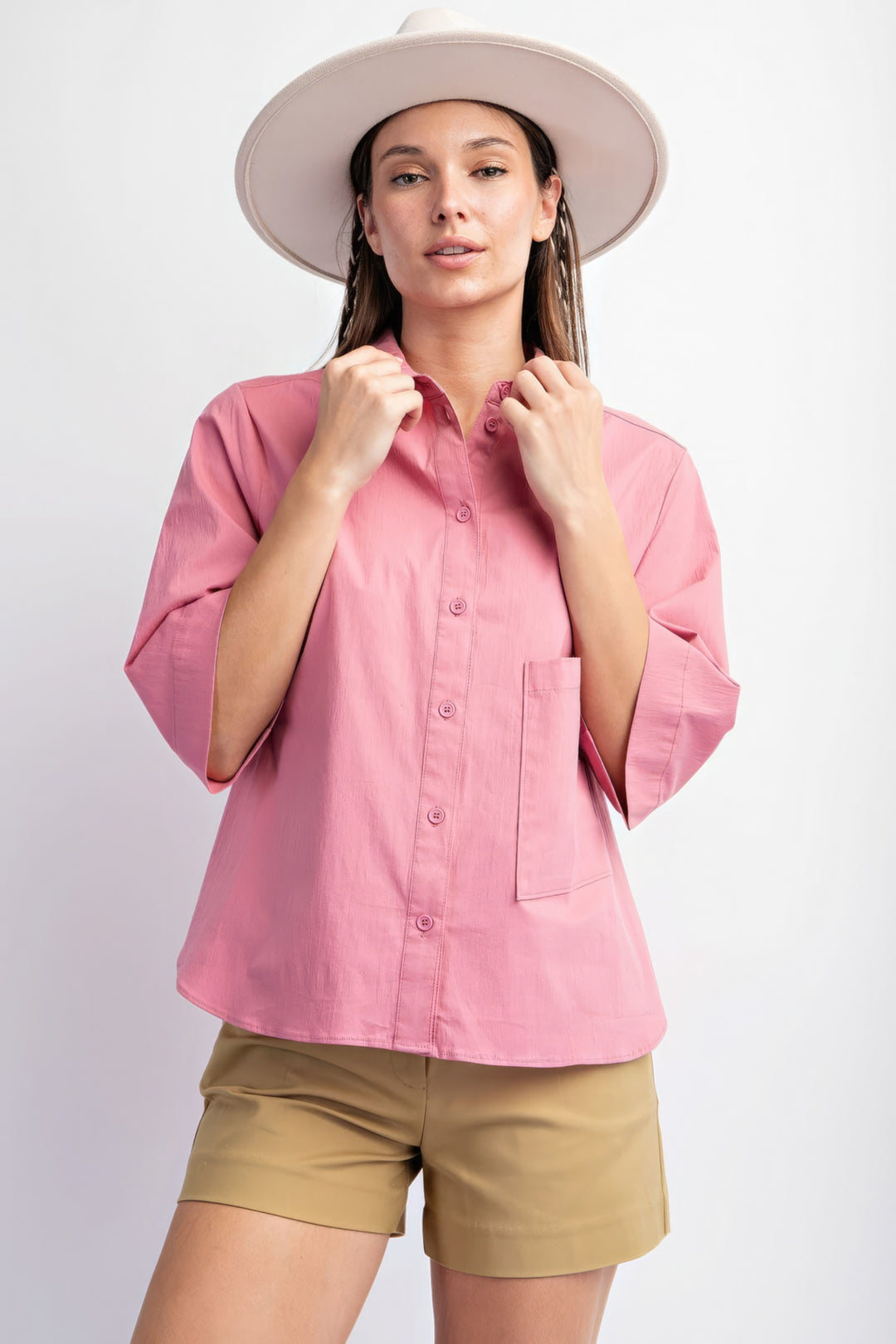 Half Sleeves Stretch Poplin Button Down Shirt in Mauve - Comfort & Style Combo