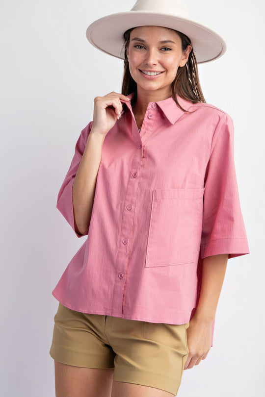 Half Sleeves Stretch Poplin Button Down Shirt in Mauve - Comfort & Style Combo