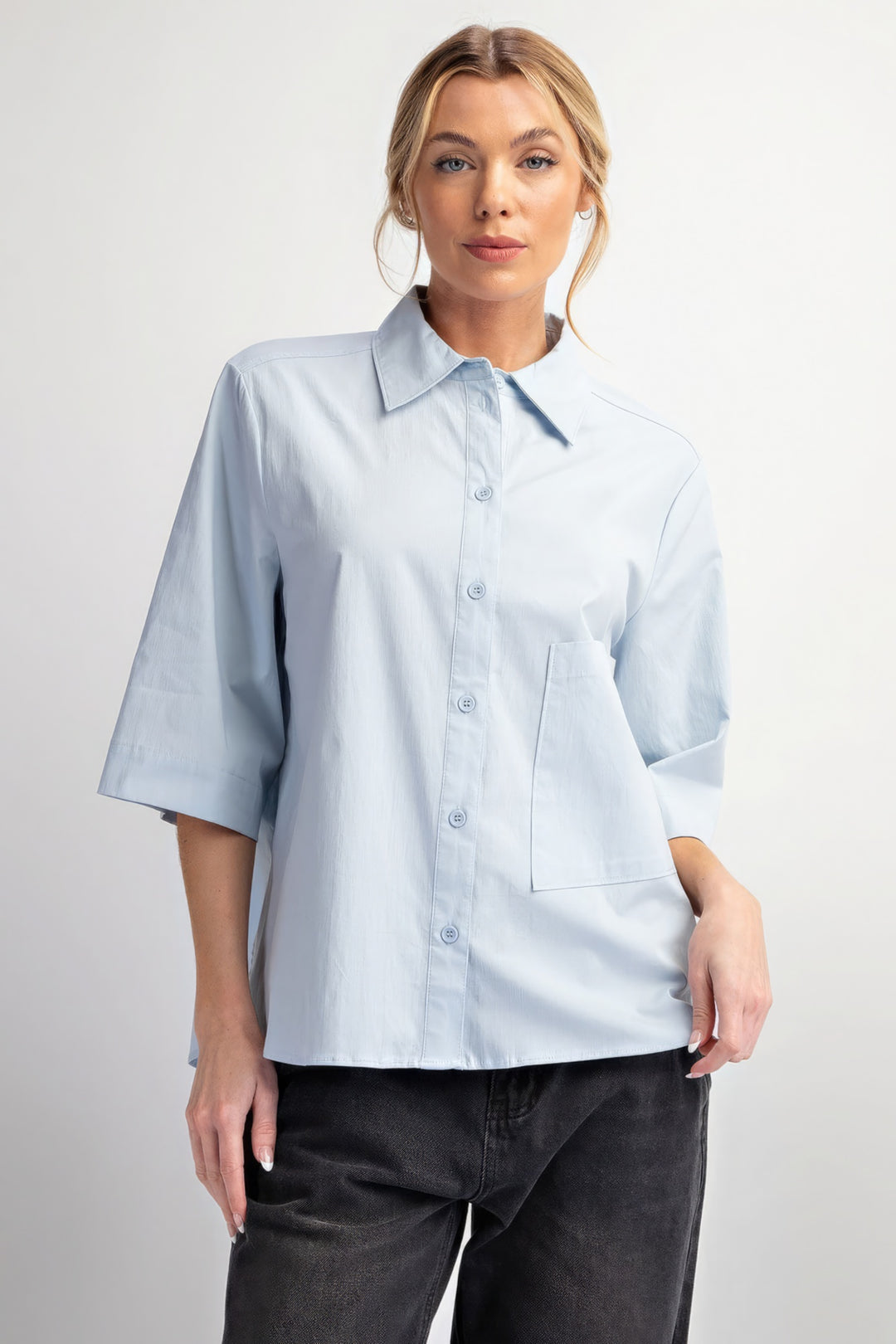 Half Sleeves Stretch Poplin Button Down Shirt in Sky Blue - Sizes S-M-L