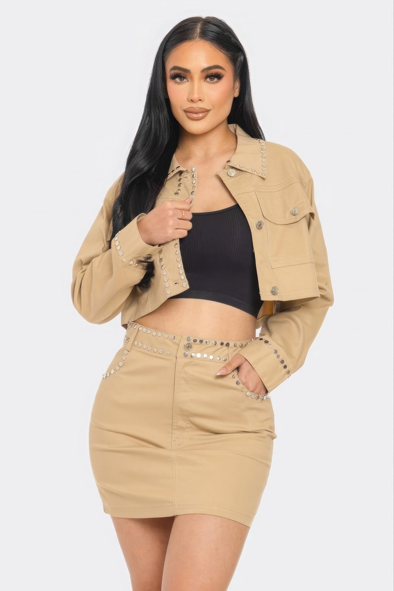 Embroidered Cropped Shirt & Skirt Set with All-Over Detail - Taupe