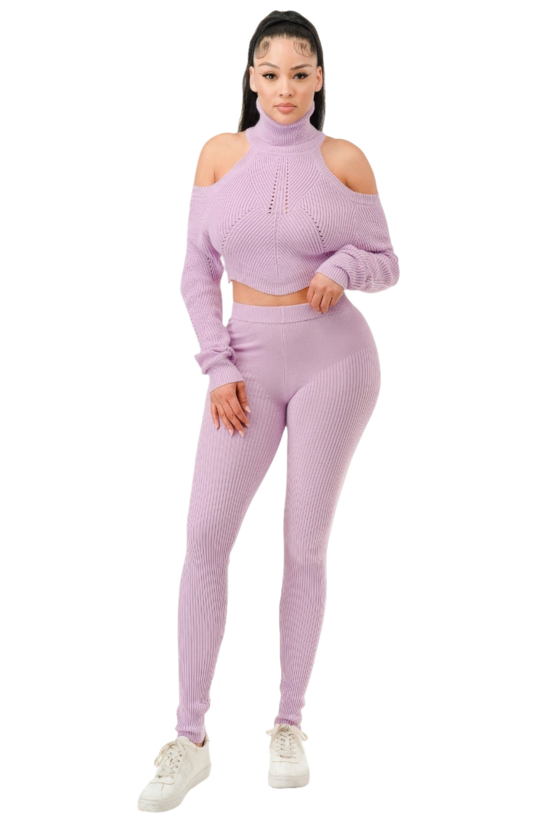 Knit Top & Pants Set in Lilac | Open Shoulder Crop Blouse | Pantie Design | Stretchy Fit