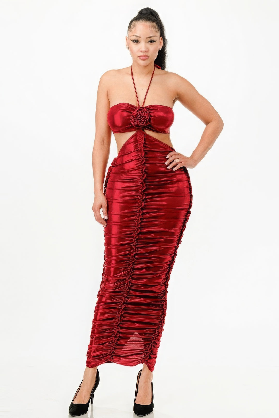 Valentine's Metallic Red Foil Halter Dress with Side Ruching & Cut Out