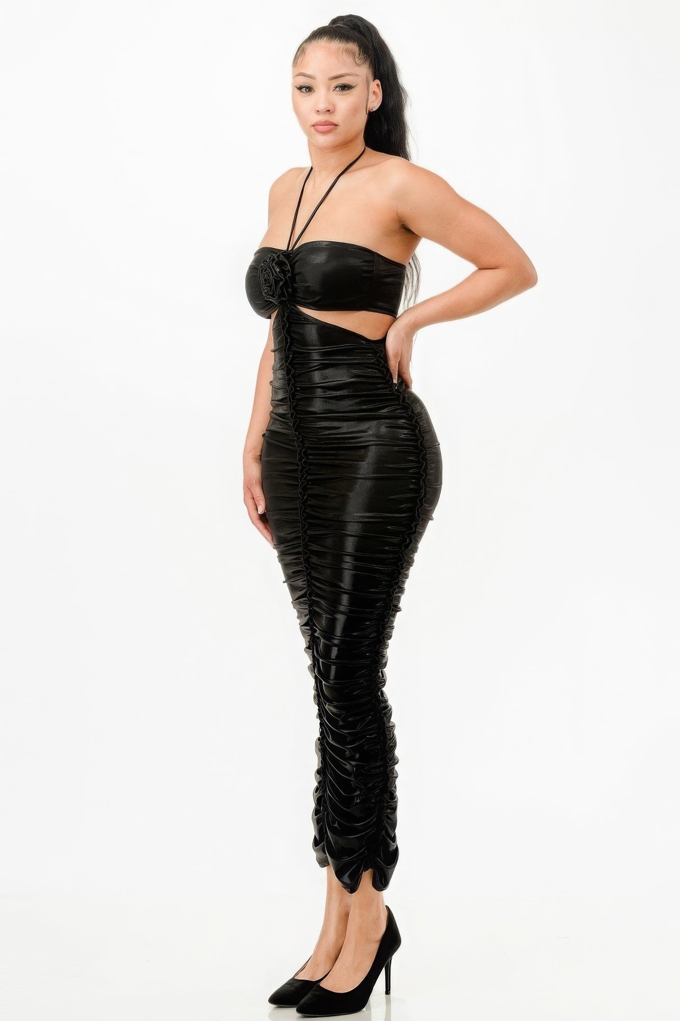 Valentine's Metallic Black Foil Halter Dress with Side Ruching & Cut Out