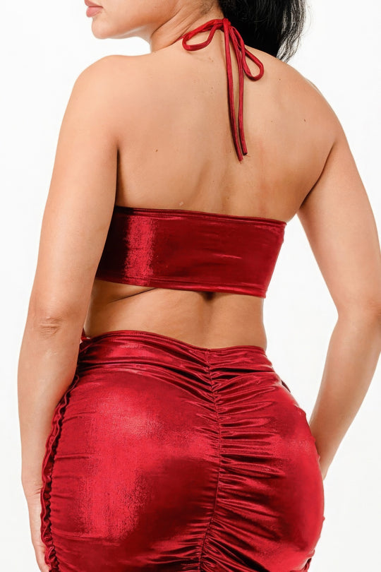 Valentine's Metallic Red Foil Halter Dress with Side Ruching & Cut Out