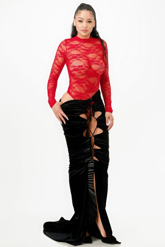 LUXE Lace Bodysuit & Mermaid Skirt Set in Red & Black