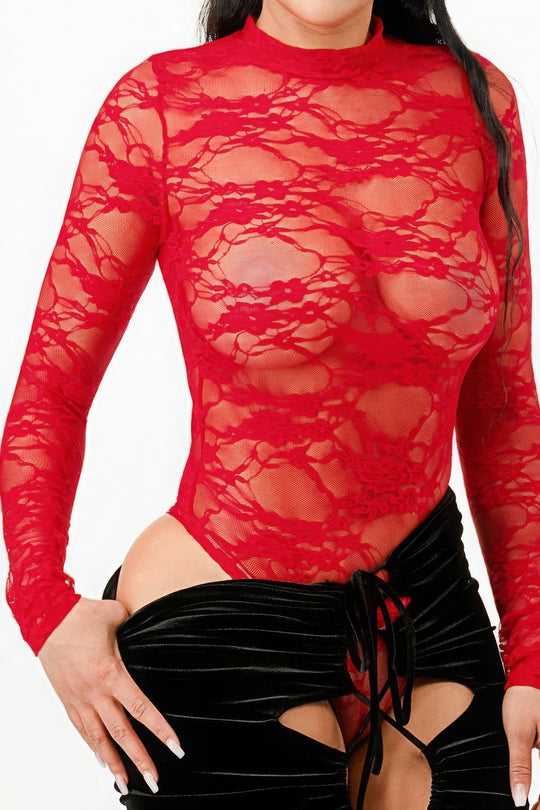 LUXE Lace Bodysuit & Mermaid Skirt Set in Red & Black