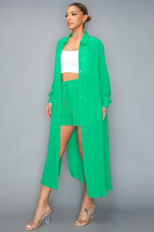 Chic Chiffon Green Top With Short Set with Long Sleeve & Side Slits