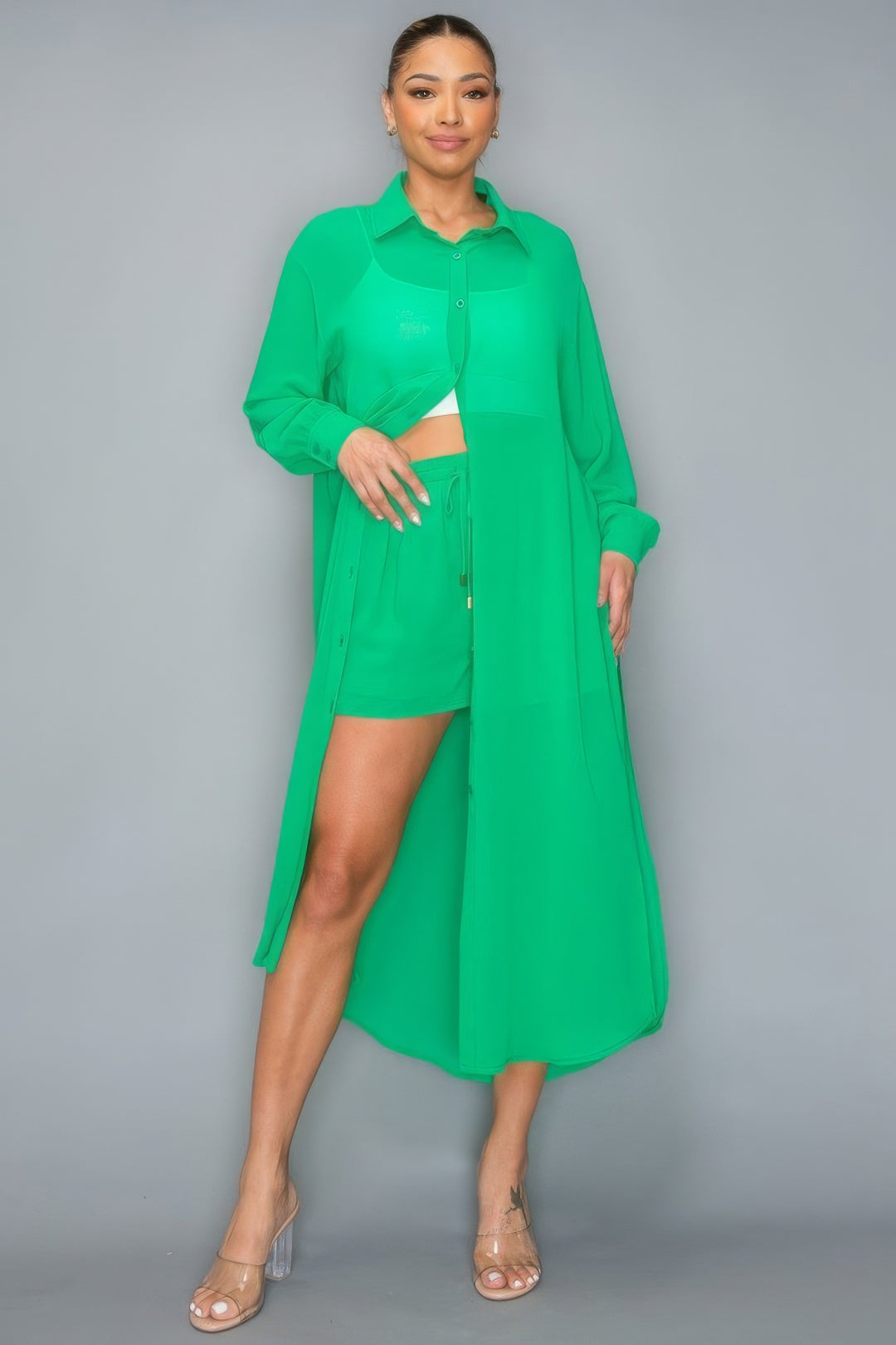 Chic Chiffon Green Top With Short Set with Long Sleeve & Side Slits