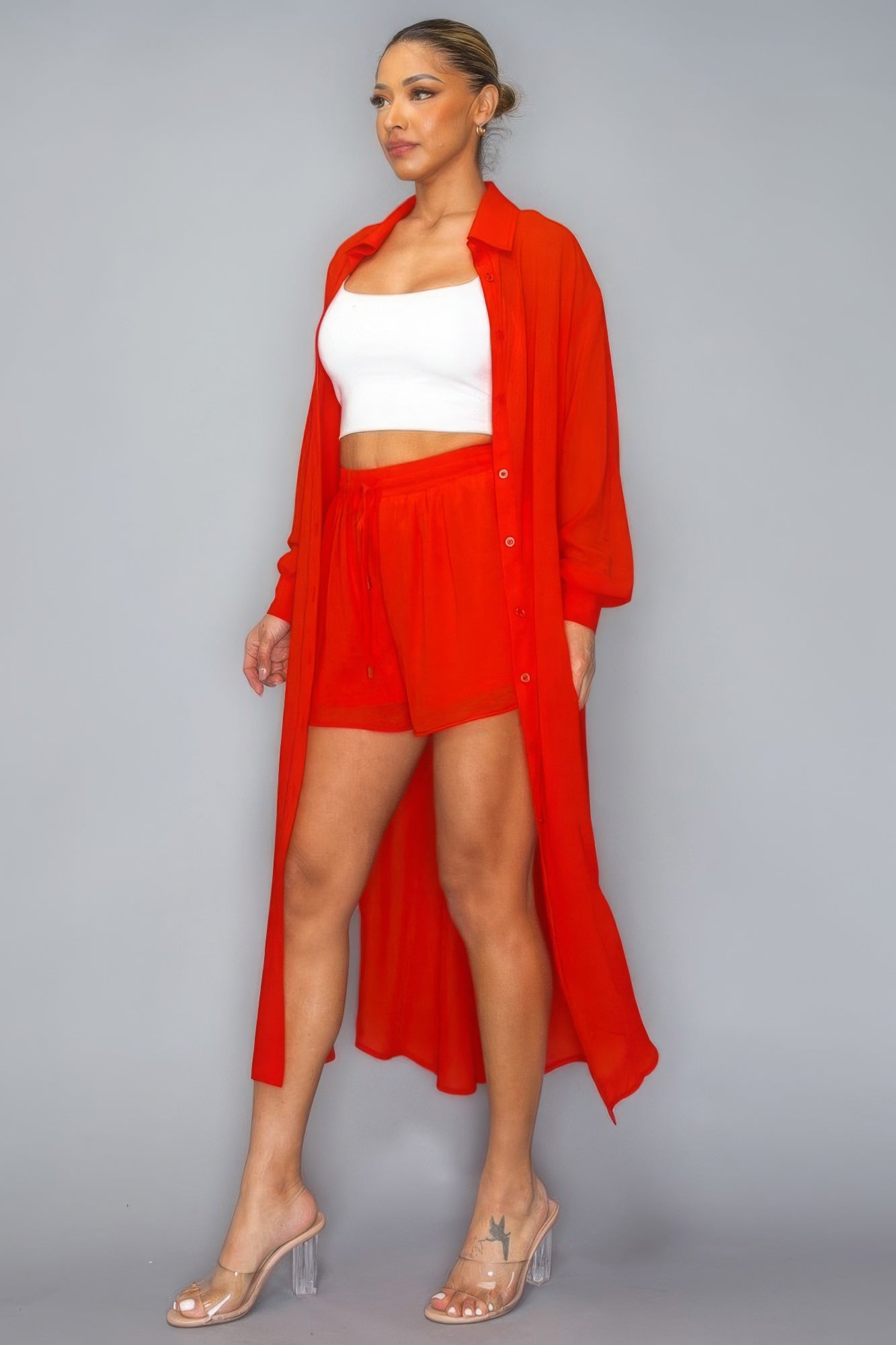 Chic Chiffon Button Down Long Top & Short Set in Tomato Red