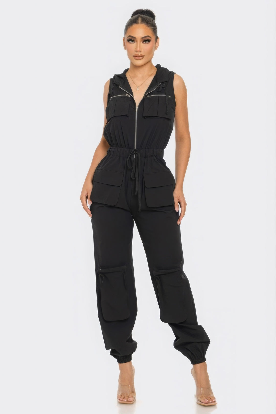 Cargo Jumpsuit with Functional Hoodie & Relaxed Fit Design for Versatile Styling