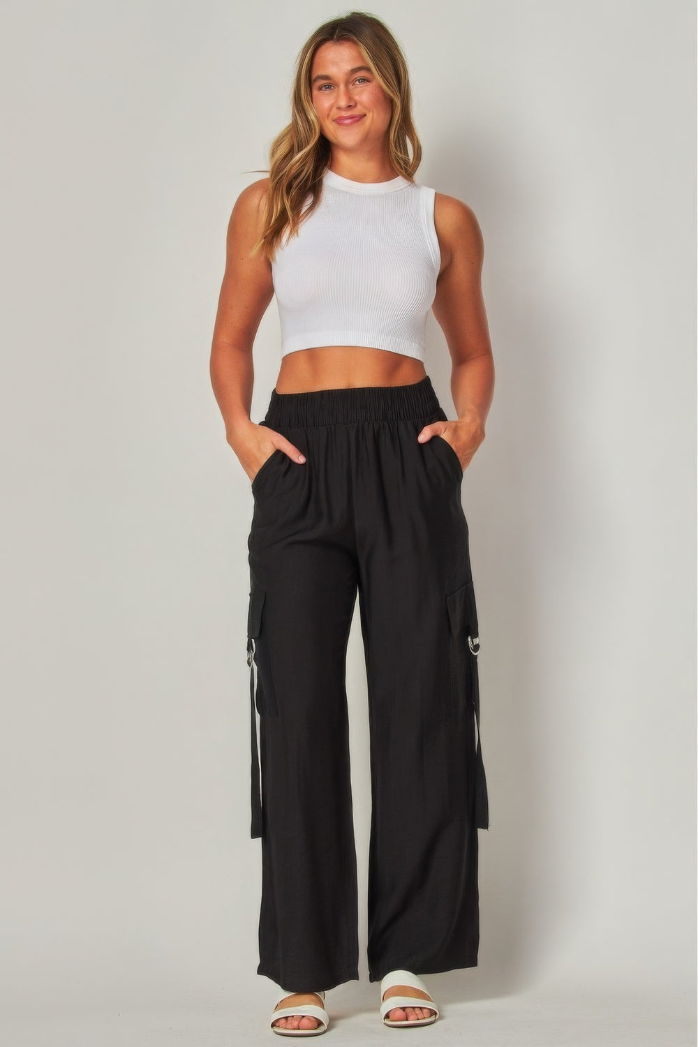 Linen Blend Wide Leg Cargo Pants with Cargo Pockets & Relaxed Fit
