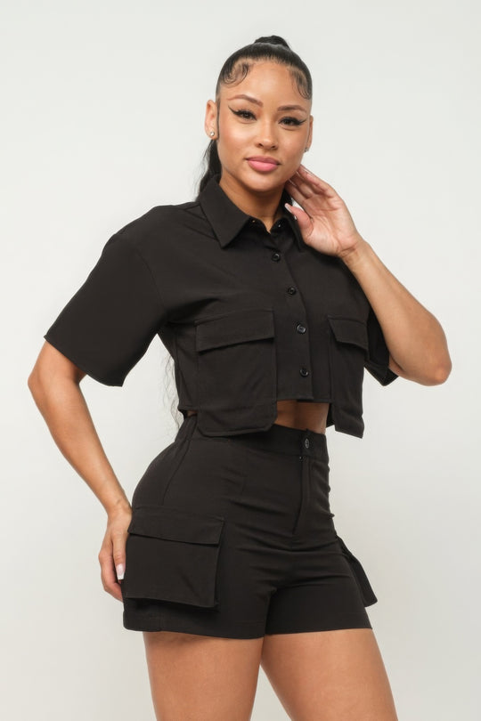 Front Button Collared Top & Elastic Waistband Shorts Set