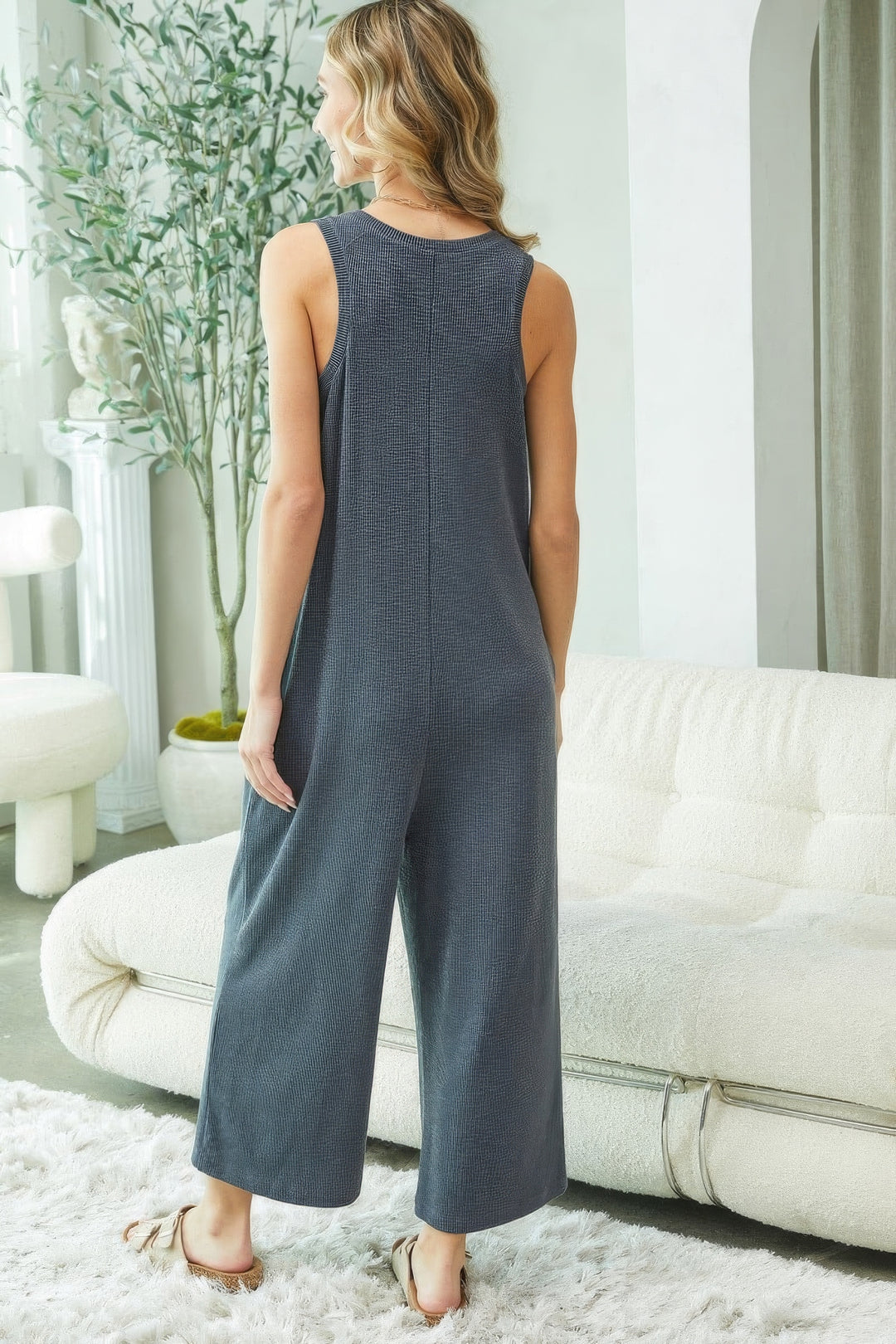 Buttondown Jumpsuit with Jersey Knit Fabric & Button-Up Front