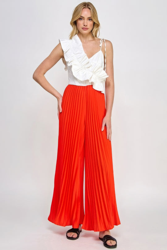 Asymmetrical Ruffle Jumpsuit with Pleated Bottoms in Tomato/Off White - 100% Polyester Comfort - S, M, L