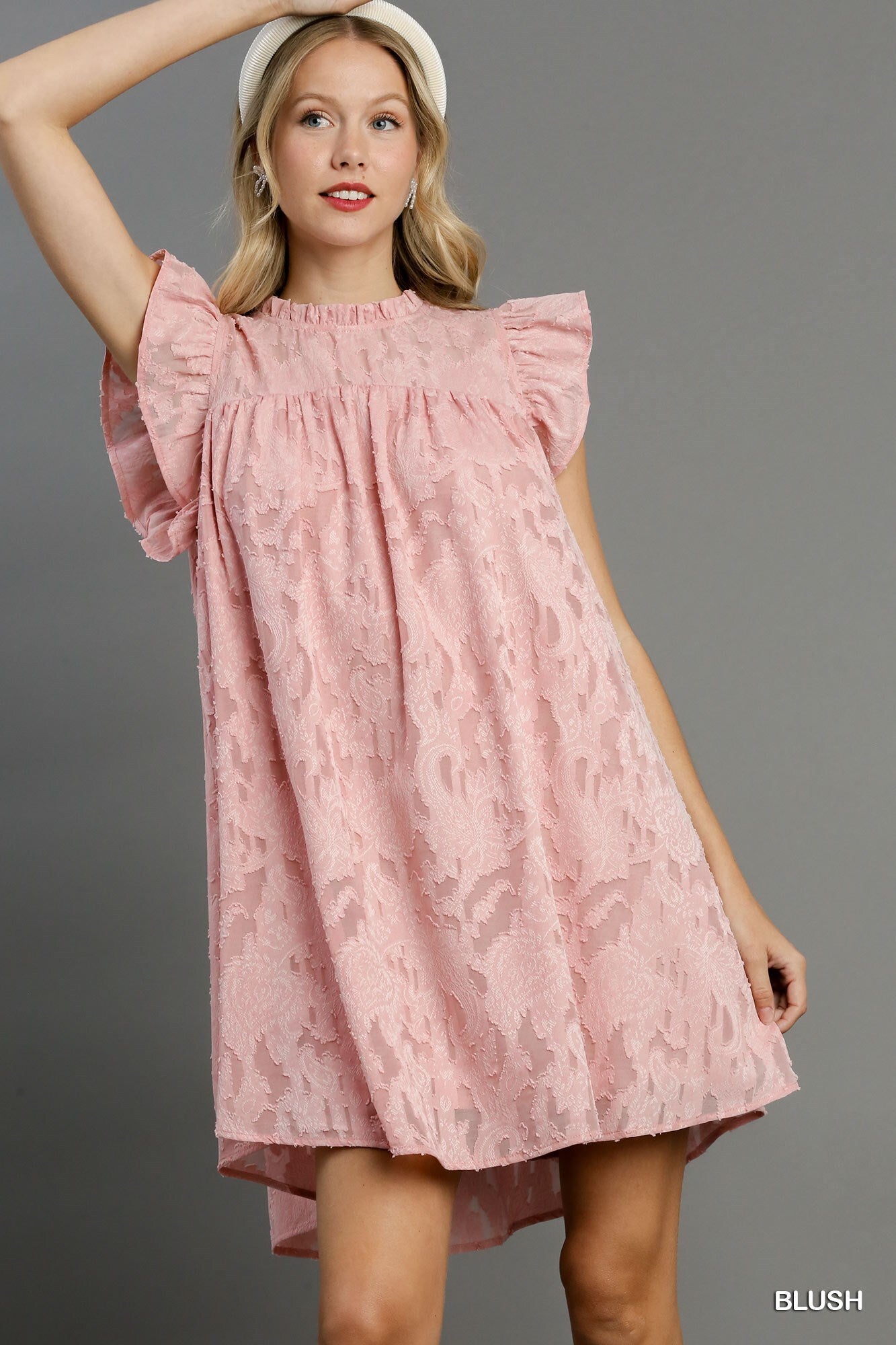 Ruffle Lace Short Sleeve Dress in Blush Jacquard with Delicate Back Button Keyhole