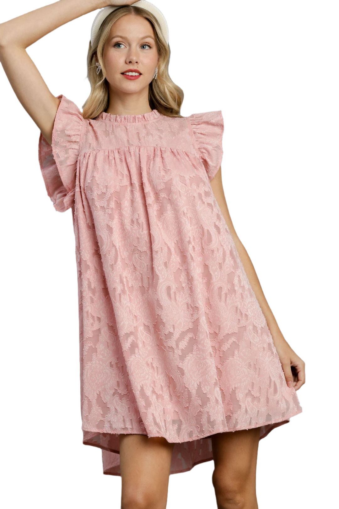 Ruffle Lace Short Sleeve Dress in Blush Jacquard with Delicate Back Button Keyhole