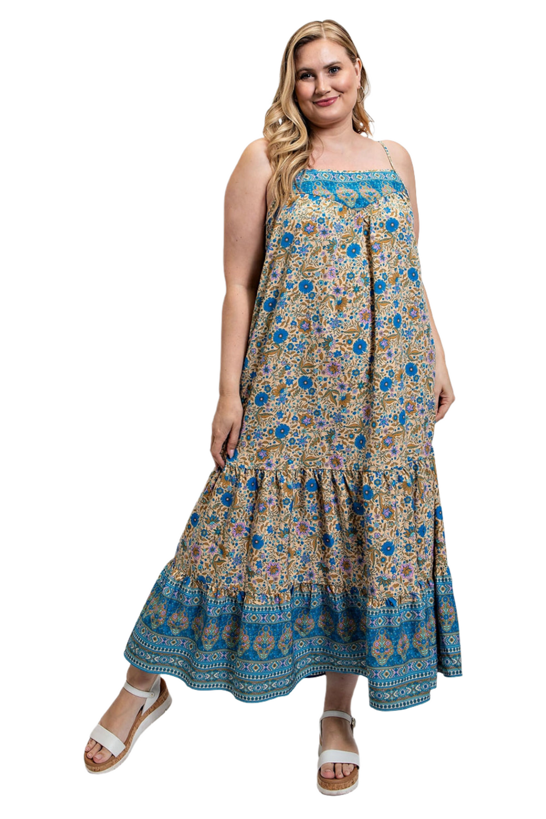 Floral & Aztec Print Spaghetti Strap Maxi Dress - XL, 1XL, 2XL