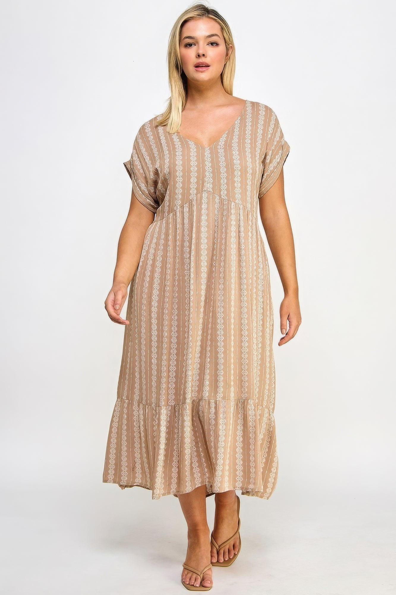 Boho Short-Sleeved Maxi Dress with Slip - Empire Bust & Ruffle Bottom - 100% Polyester - Mocha - Available in 1XL, 2XL, 3XL