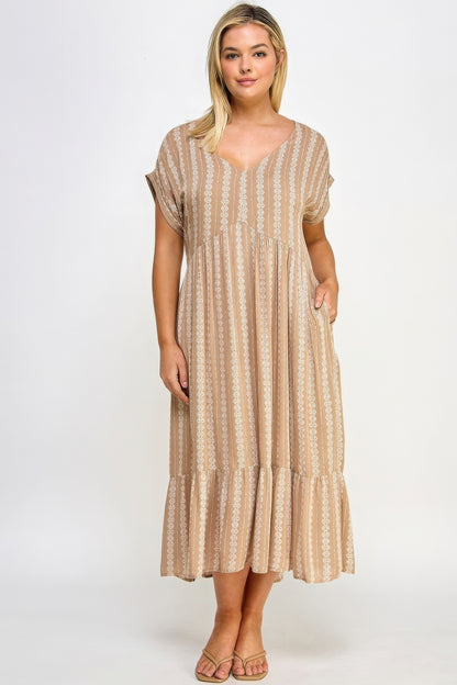 Boho Short-Sleeved Maxi Dress with Slip - Empire Bust & Ruffle Bottom - 100% Polyester - Mocha - Available in 1XL, 2XL, 3XL