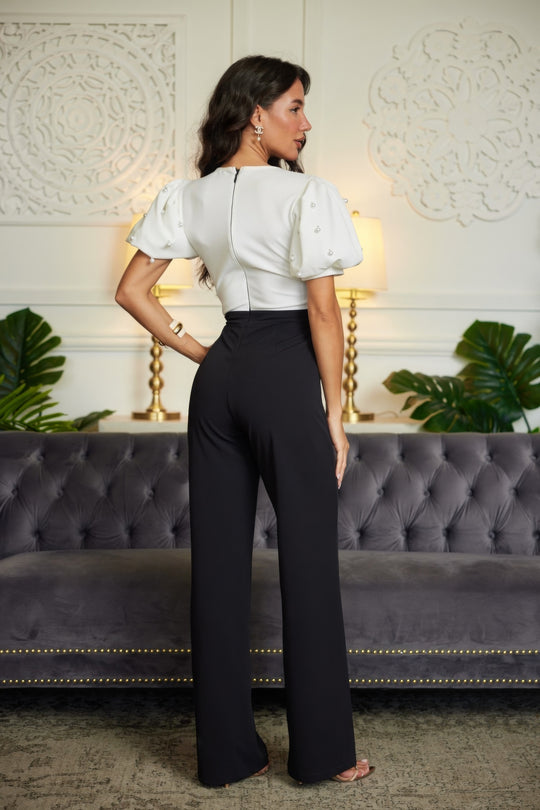 Bow and Pearl Detailed Black and White Jumpsuit with Short Sleeves