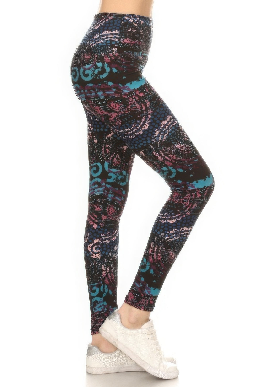 a person in black and blue patterned leggings