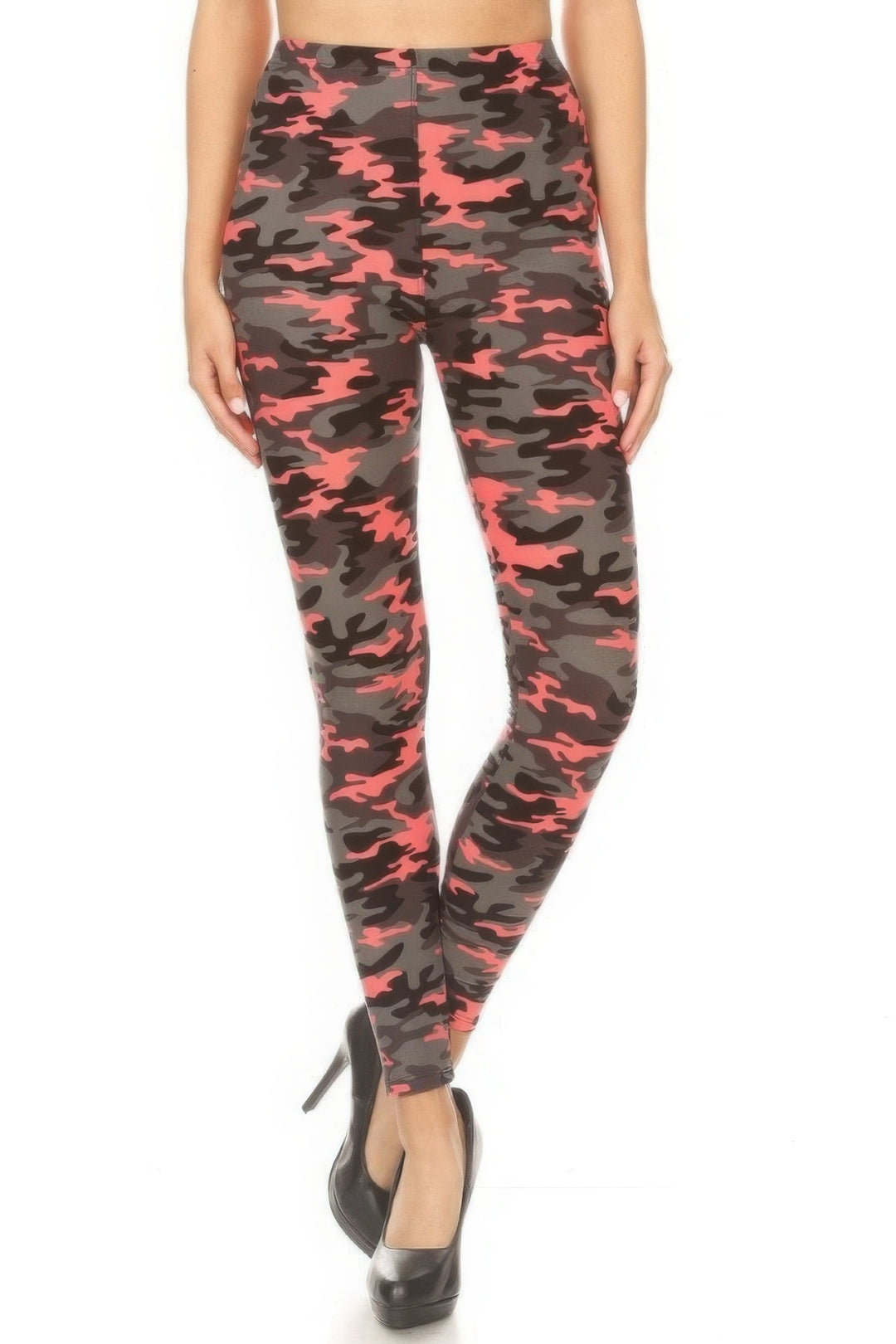 a person in black and red camouflage print leggings