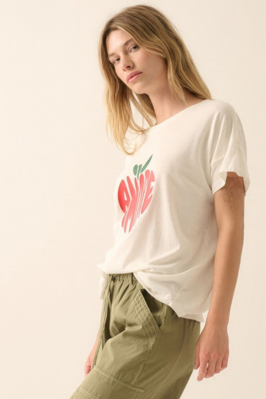 AMORE Apple Heart Graphic Tee | 100% Cotton | Garment-Washed | Ivory | Women's Graphic Tee