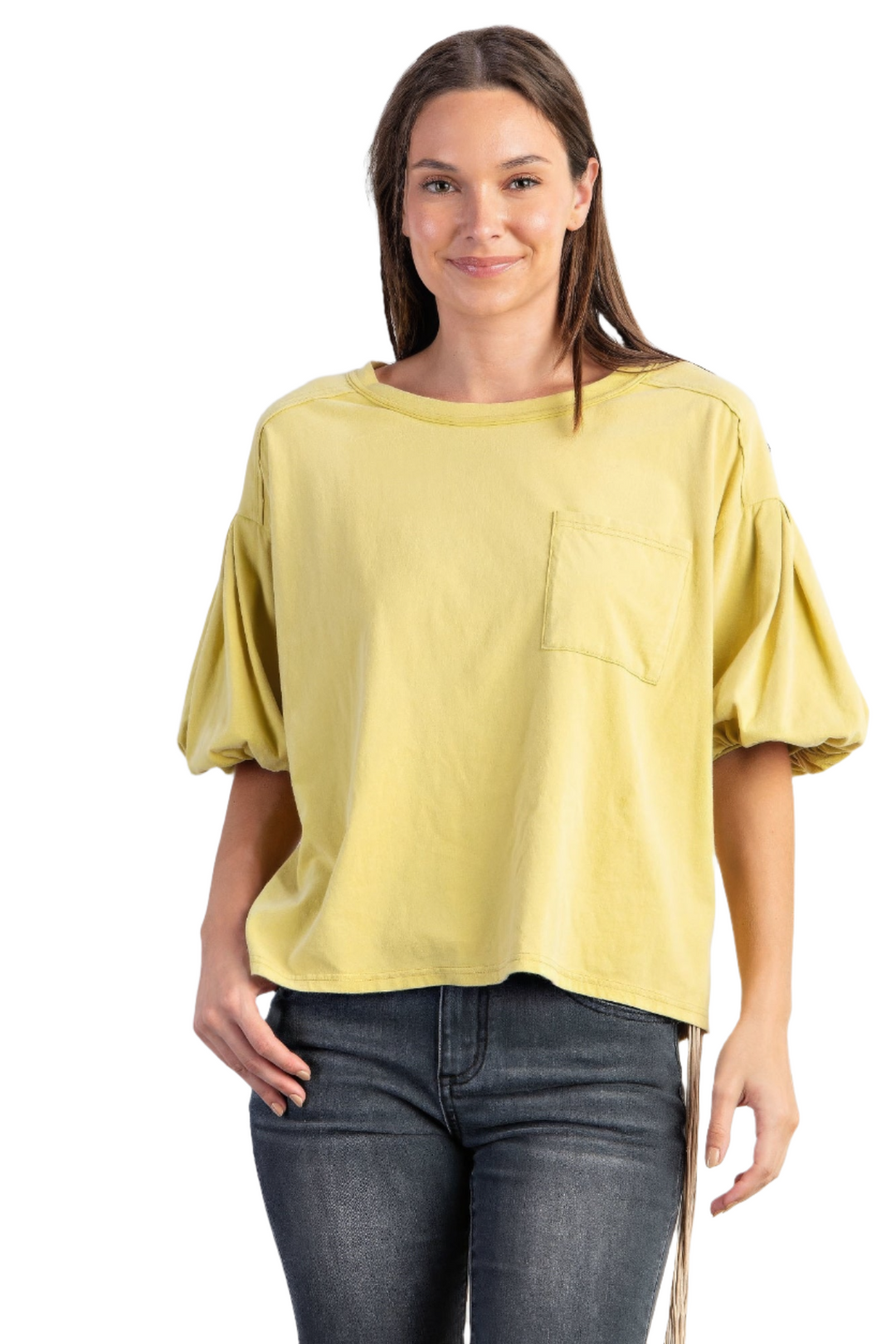 Cotton Jersey Knit Top with Bubble Sleeves & Front Pocket