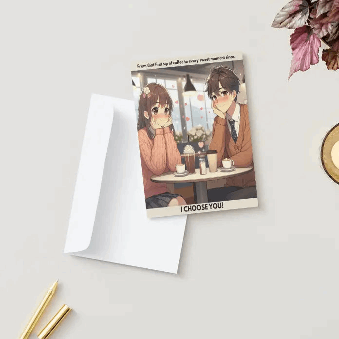 A folded Café Date anime anniversary card featuring an illustration of a shy, blushing anime couple sitting across from each other in a cozy café, reminiscing about their first meeting. The front message reads: From that first sip of coffee to every sweet moment since, I CHOOSE YOU! Inside, a heartfelt love note reflects on love that has grown richer with time, just like coffee.