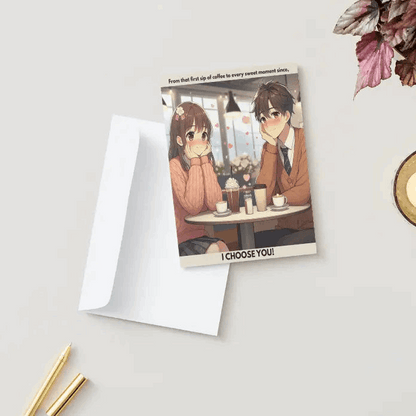 A folded Café Date anime anniversary card featuring an illustration of a shy, blushing anime couple sitting across from each other in a cozy café, reminiscing about their first meeting. The front message reads: From that first sip of coffee to every sweet moment since, I CHOOSE YOU! Inside, a heartfelt love note reflects on love that has grown richer with time, just like coffee.