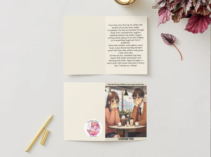 Anime Anniversary Card - Cafe Date Design - Coffee Shop Romance Celebration Card - Goddess Kiss Boutique