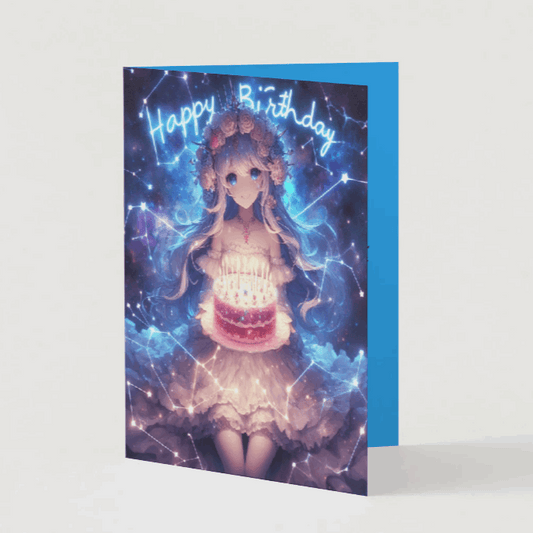A dreamy anime-style birthday card featuring an elegant astral goddess holding a glowing cake made of stardust. The deep space nebula background sparkles with shooting stars, and constellations form the words ‘Happy Birthday!’ in shimmering light.