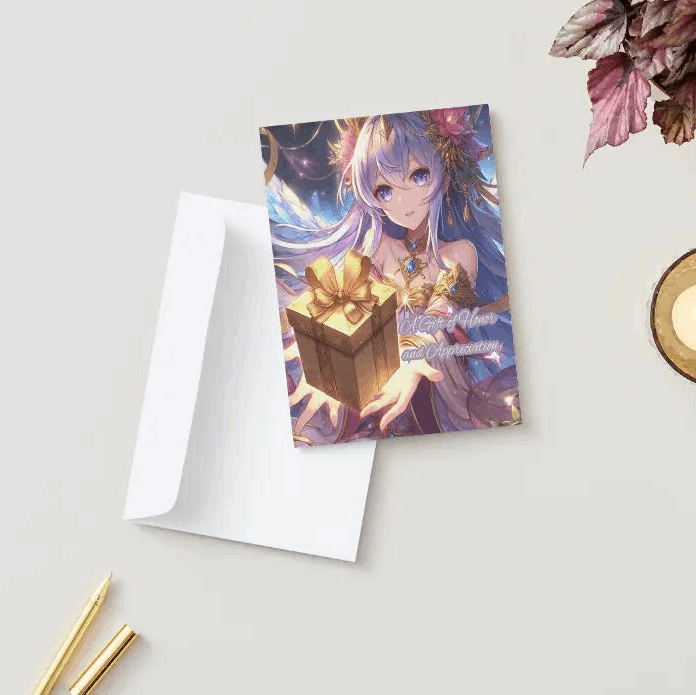 Illustration of a majestic anime-style celestial guardian, holding out a golden gift box wrapped in enchanted vines, radiating divine energy and warmth.