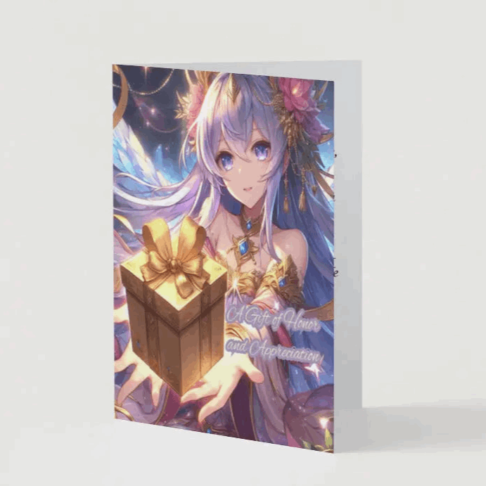Illustration of a majestic anime-style celestial guardian, holding out a golden gift box wrapped in enchanted vines, radiating divine energy and warmth.
