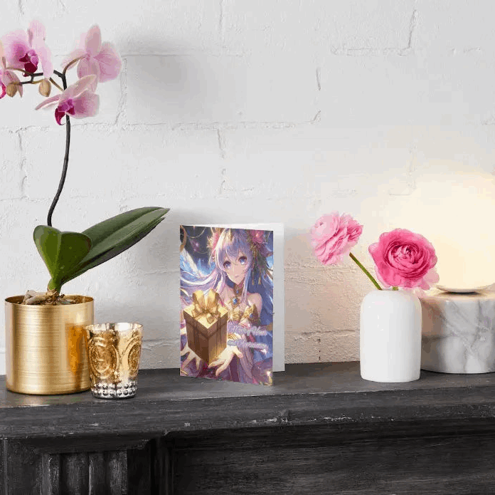 Illustration of a majestic anime-style celestial guardian, holding out a golden gift box wrapped in enchanted vines, radiating divine energy and warmth.