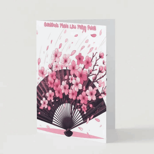 Illustration of an anime thank you card featuring cherry blossom petals drifting onto an elegant open fan, symbolizing gratitude and appreciation with soft, ethereal beauty.