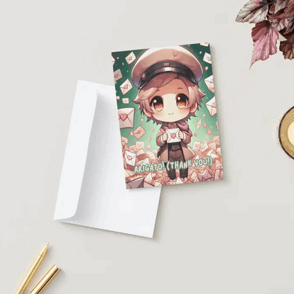 Illustration of a chibi anime messenger holding a heart-shaped letter, surrounded by floating thank-you notes, glowing with warmth and appreciation.