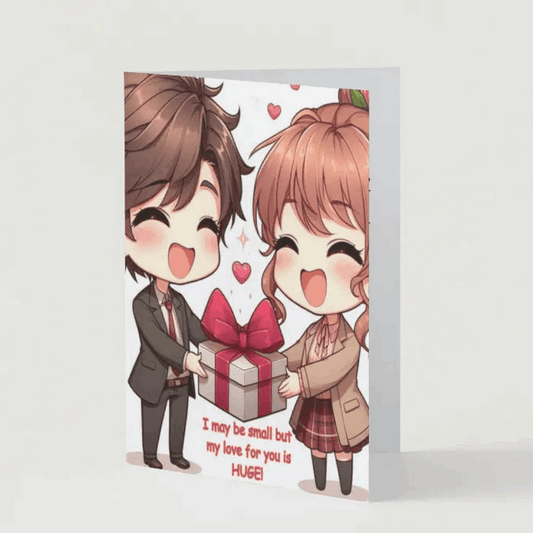 Illustration of a chibi-style anime couple exchanging heart-shaped gifts with exaggerated happy tears and joyful expressions, symbolizing adorable and boundless love.