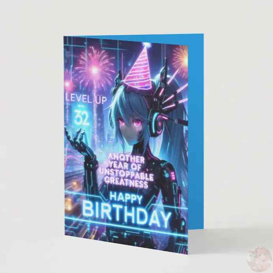 Anime Birthday Card - Cyberpunk Level Up Design - Gaming Neon City Celebration