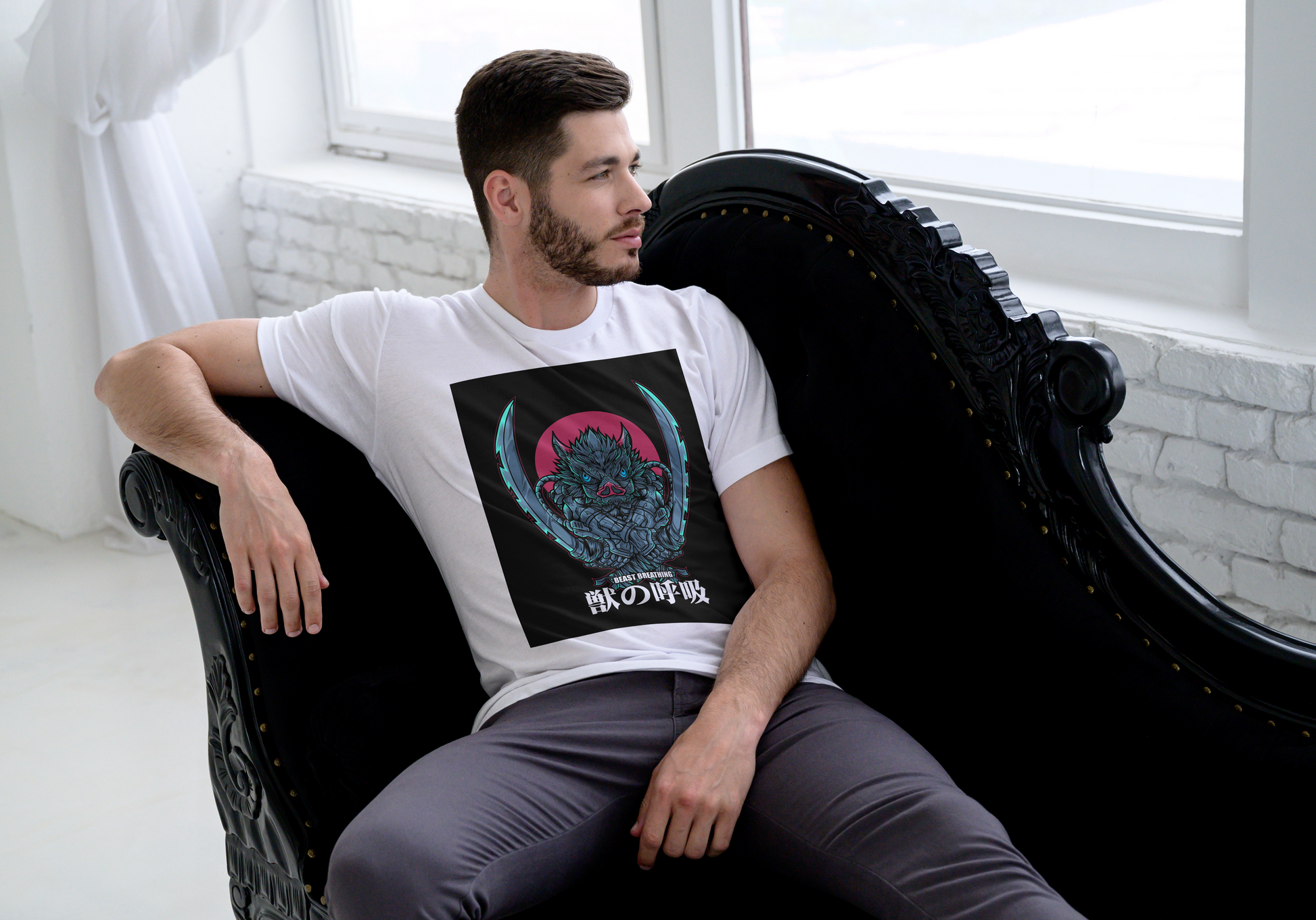 Demon Slayer Inosuke Hashibira anime t-shirt featuring Beast Breathing boar mask design on unisex triblend fabric
