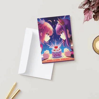 A humorous anime greeting card featuring two moe-anime rivals glaring at each other intensely, sparks flying, while a tiny cake sits between them, untouched.